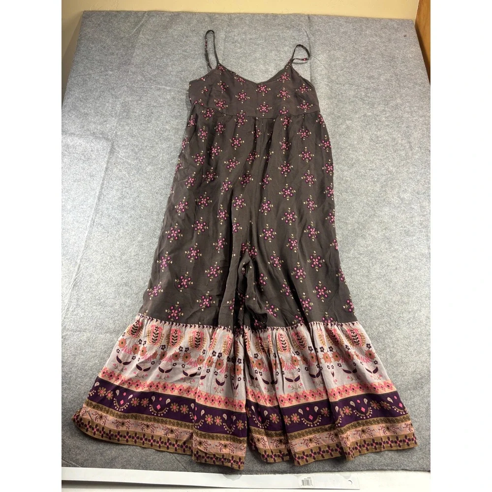 Natural Life Floral Wide Leg Jumpsuit Brown Pink Boho Tiered Ruffle Women L Boho